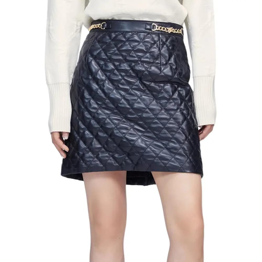 KARL LAGERFELD Women's Urban Outing Social Workplace Luxury Solid Color Chain Mid-Waist Leather Mini Skirt Black 4