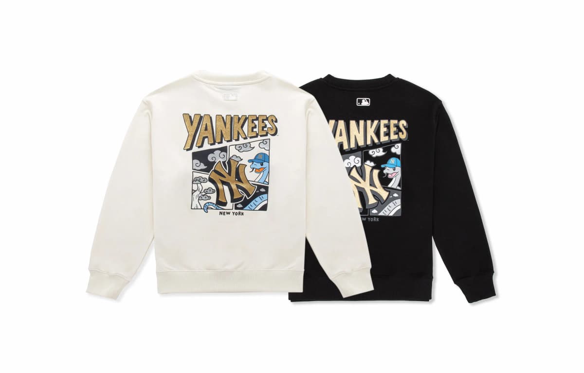 MLB New York Yankees SS25 Snake Cartoon Pattern Loose Round Neck Long Sleeve Sweatshirt Two-Piece Set Unisex Black White 2