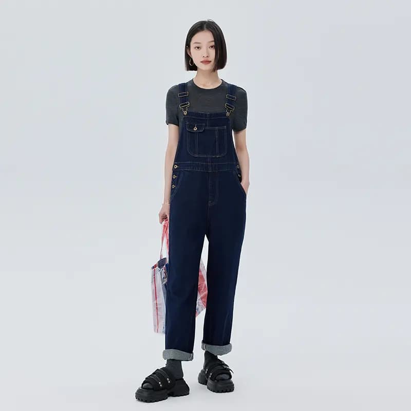 SOON FLOWER Classic Denim Overalls Women's Dark Blue 5