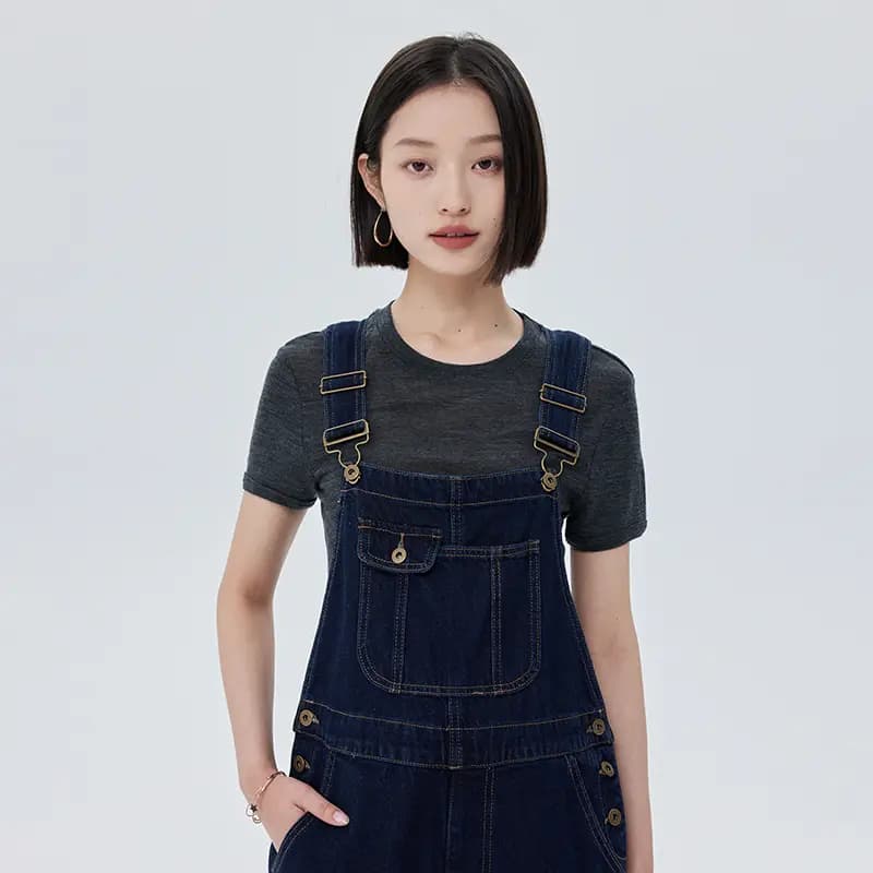 SOON FLOWER Classic Denim Overalls Women's Dark Blue 4