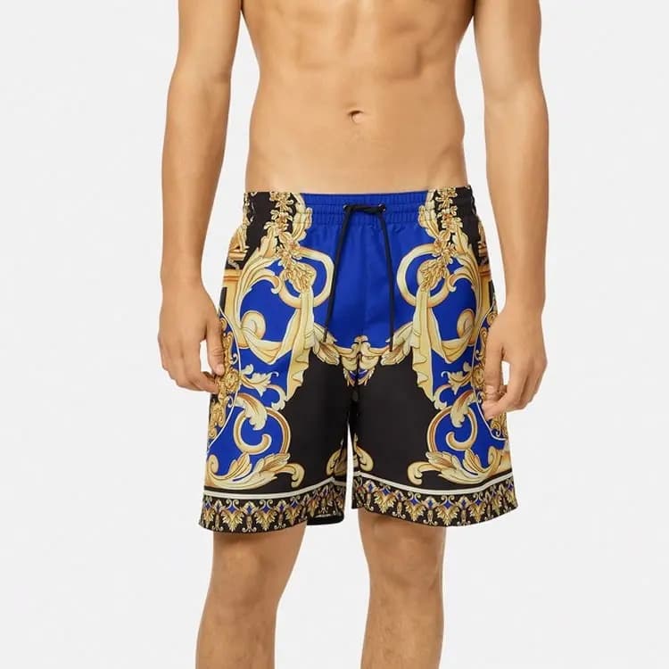 VERSACE Pattern Print Lace-Up Casual Swim Trunks Men's Blue 4
