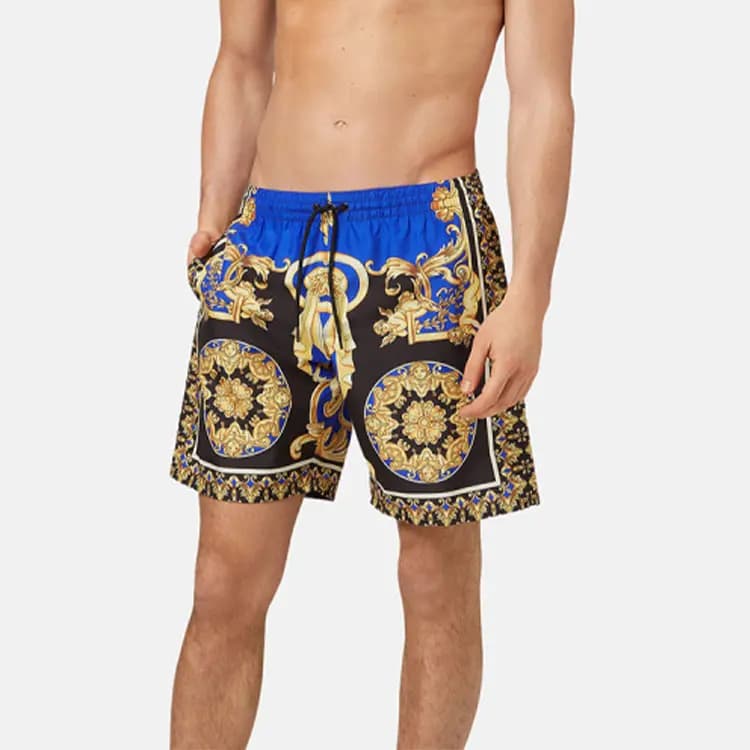 VERSACE Pattern Print Lace-Up Casual Swim Trunks Men's Blue 3