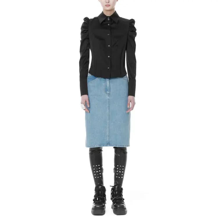 WE11DONE FW21 Fermuarlı Denim Midi Ətək Mavi 4