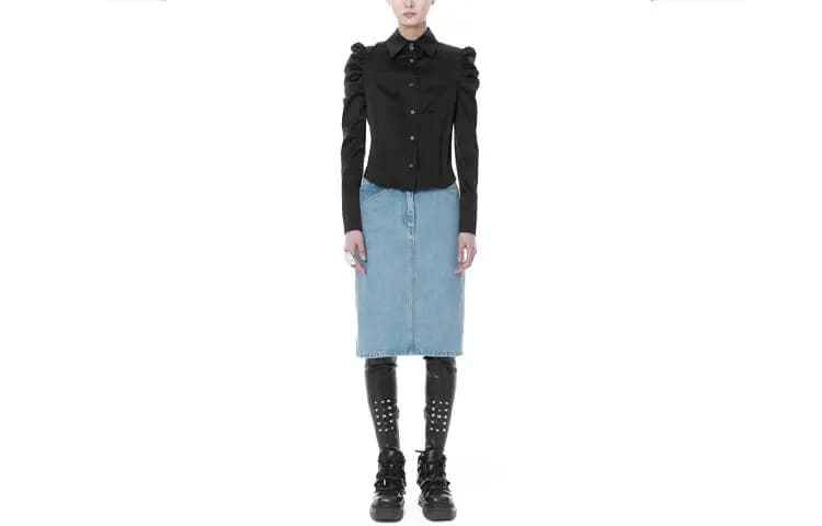 WE11DONE FW21 Fermuarlı Denim Midi Ətək Mavi