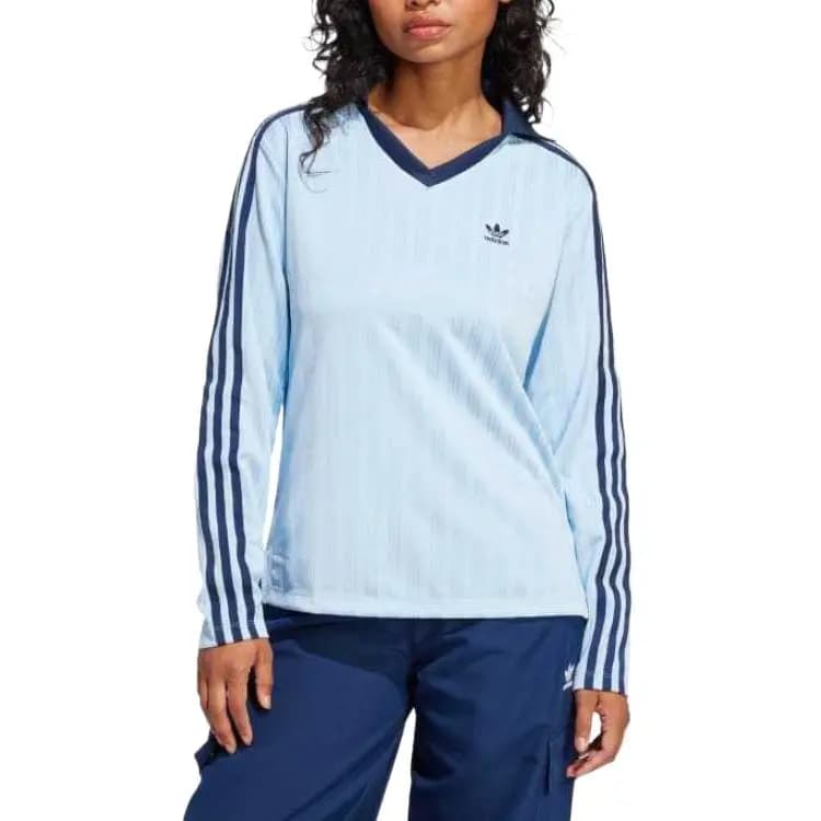 adidas originals ADICOLOR V-Yaxa Uzunqol Polo Köynək Qadın Səma Mavisi 2