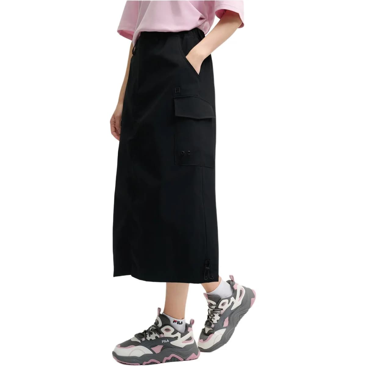 FILA ORIGINALE Heart Woven Pink Skirt Cargo Comfortable Half-Length Casual Long Skirt Women's Black 4