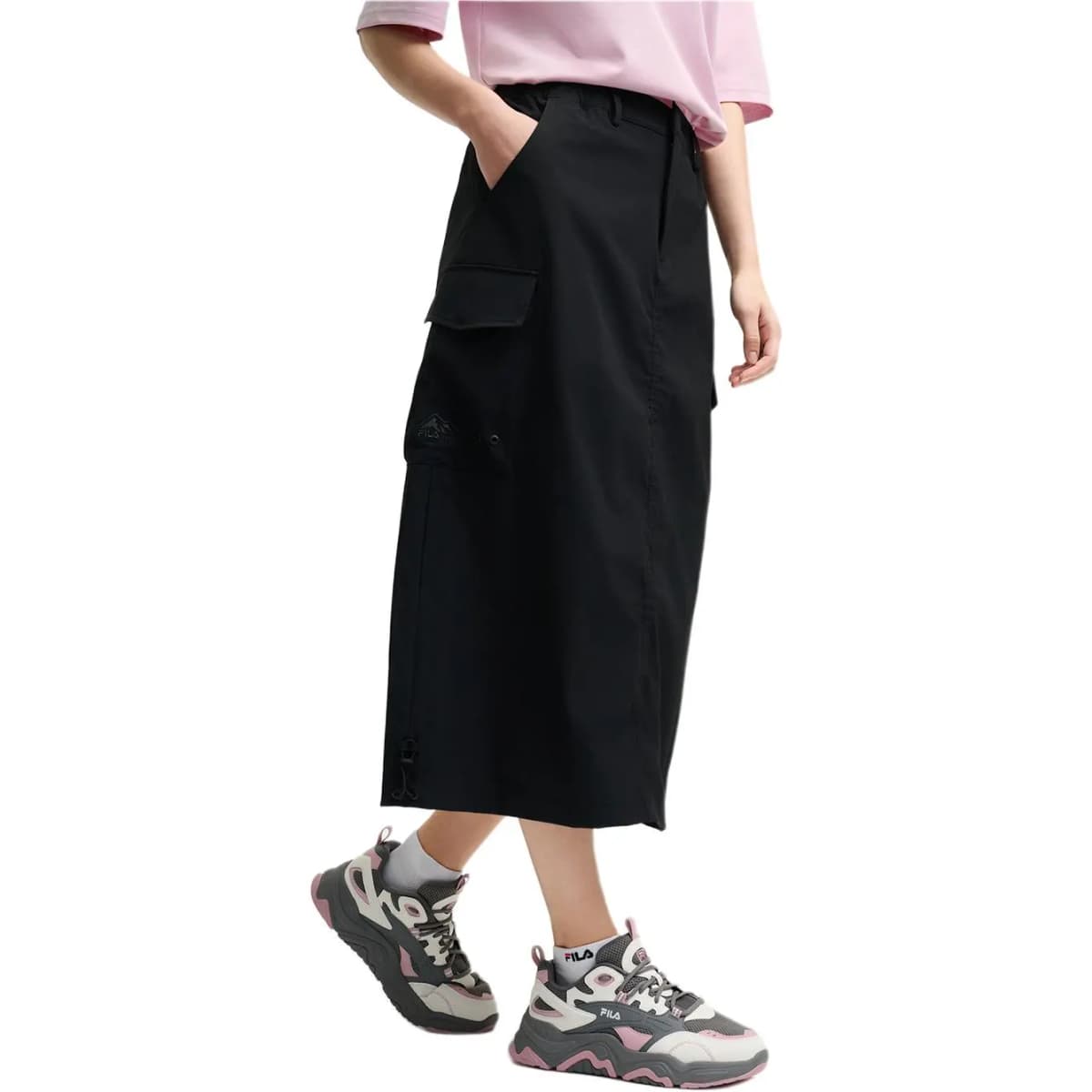 FILA ORIGINALE Heart Woven Pink Skirt Cargo Comfortable Half-Length Casual Long Skirt Women's Black 3