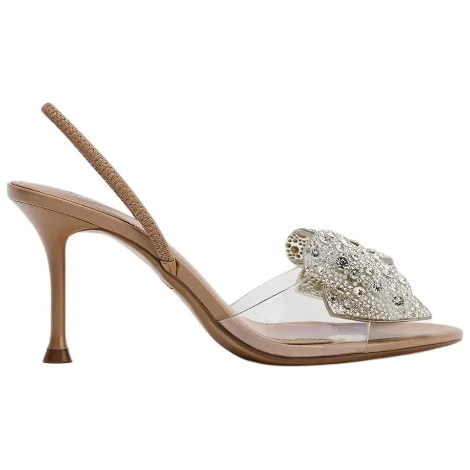 ZARA Elegant Artistic Fashionable Simple Elegant High Heel Shiny Large Bow Detail Pointed Toe One-Strap Sandals Women's Beige 2