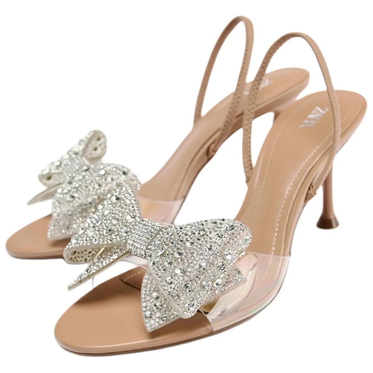 ZARA Elegant Artistic Fashionable Simple Elegant High Heel Shiny Large Bow Detail Pointed Toe One-Strap Sandals Women's Beige 3