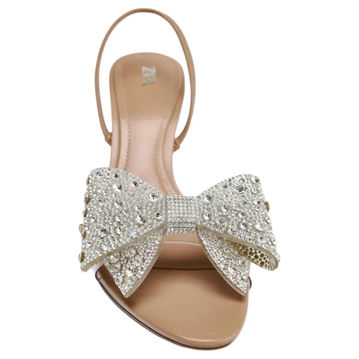 ZARA Elegant Artistic Fashionable Simple Elegant High Heel Shiny Large Bow Detail Pointed Toe One-Strap Sandals Women's Beige 4