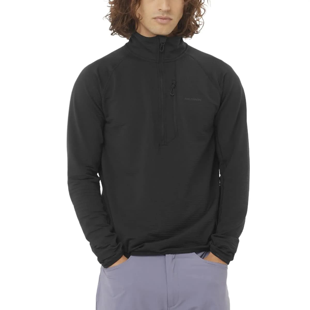 SALOMON ESSENTIAL LIGHTWARM Comfort Solid Color Breathable Long Sleeve Hiking Jacket Men's Black
