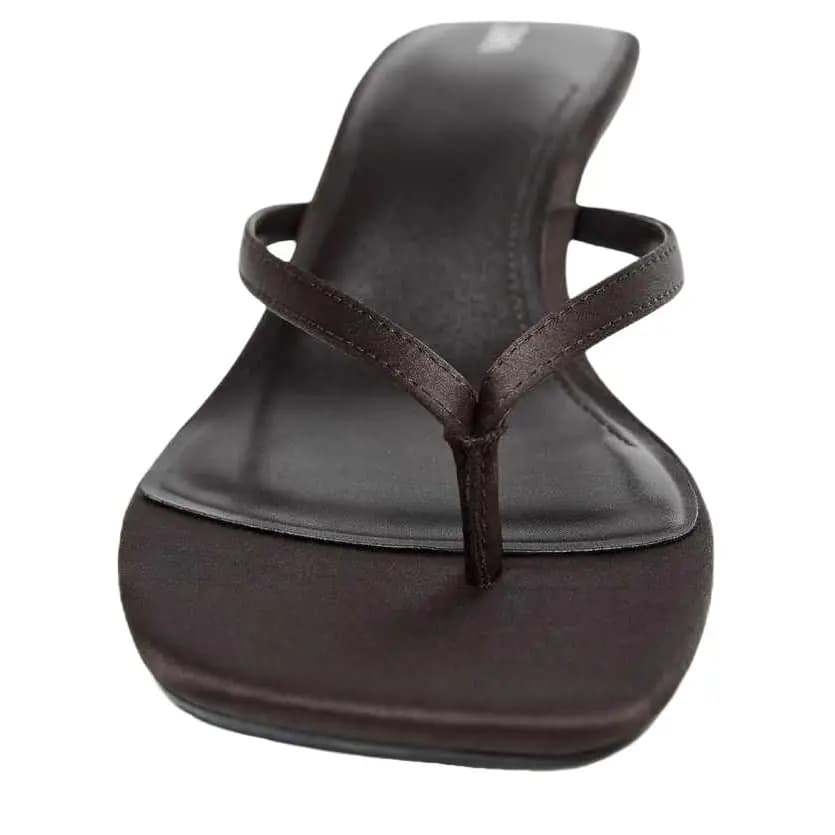 ZARA Commute Versatile Streetwear Satin Mid-Heel Thong Slide Sandals Slip-Resistant Flip Flops Women's Brown 3
