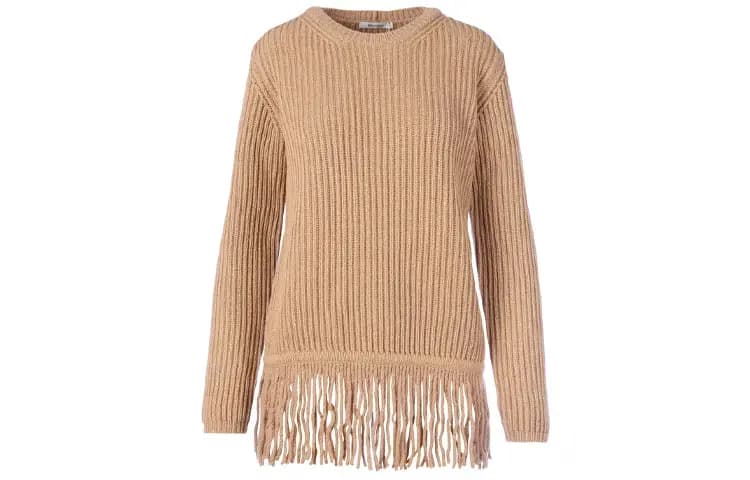 MaxMara Wool Knit Fringed Hem Pullover Sweater Women's Camel
