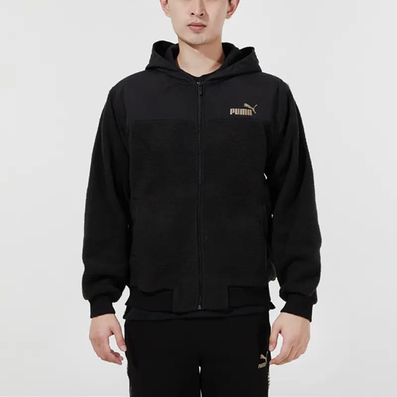 Puma Faux Shearling Warm Hooded Logo Jacket Men's Black 3