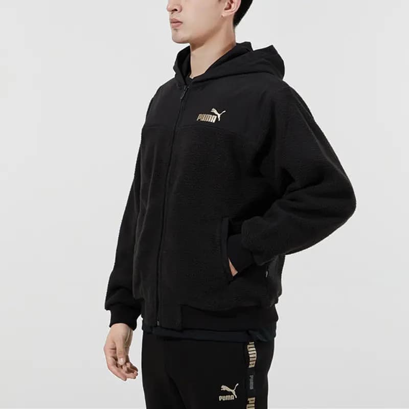 Puma Faux Shearling Warm Hooded Logo Jacket Men's Black 5
