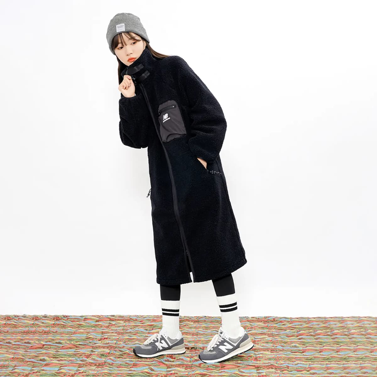 New Balance Long Fleece Shearling Coat Women's Black 6