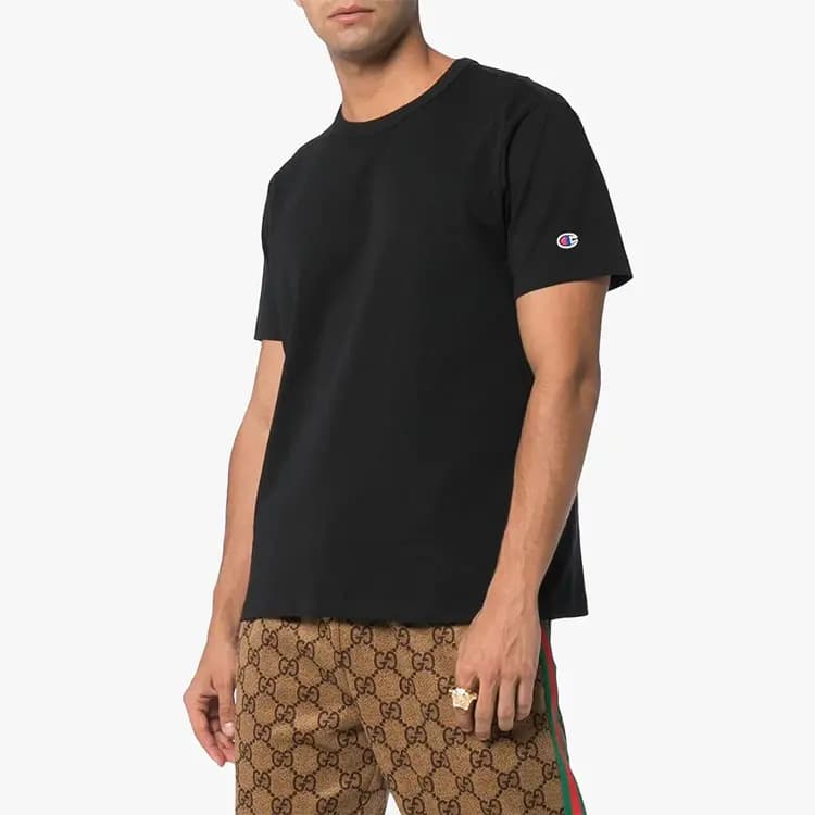 Champion Single Logo Basic Solid Color Cotton Crew Neck Short Sleeve T-Shirt US Version Unisex Black 2