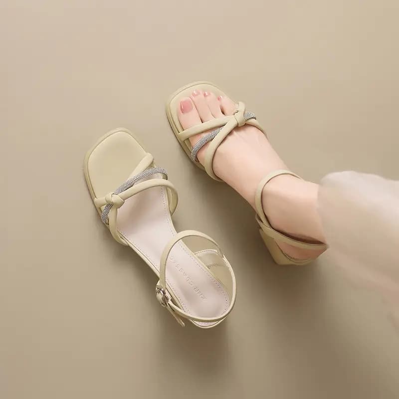 ZHR Exquisite Rhinestone Cross-Strap Chunky Heel Versatile Slip-Resistant Fashion Urban Commute Comfortable Non-Blisters Heightening Slimming One-Strap Sandals 5cm Women's 13