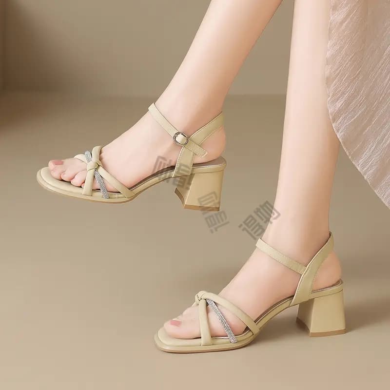 ZHR Exquisite Rhinestone Cross-Strap Chunky Heel Versatile Slip-Resistant Fashion Urban Commute Comfortable Non-Blisters Heightening Slimming One-Strap Sandals 5cm Women's 14