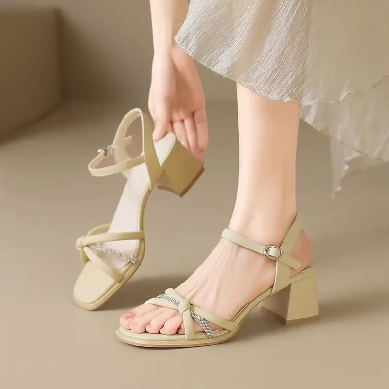 ZHR Exquisite Rhinestone Cross-Strap Chunky Heel Versatile Slip-Resistant Fashion Urban Commute Comfortable Non-Blisters Heightening Slimming One-Strap Sandals 5cm Women's 11