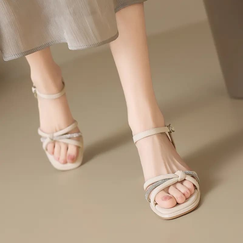 ZHR Exquisite Rhinestone Cross-Strap Chunky Heel Versatile Slip-Resistant Fashion Urban Commute Comfortable Non-Blisters Heightening Slimming One-Strap Sandals 5cm Women's 3