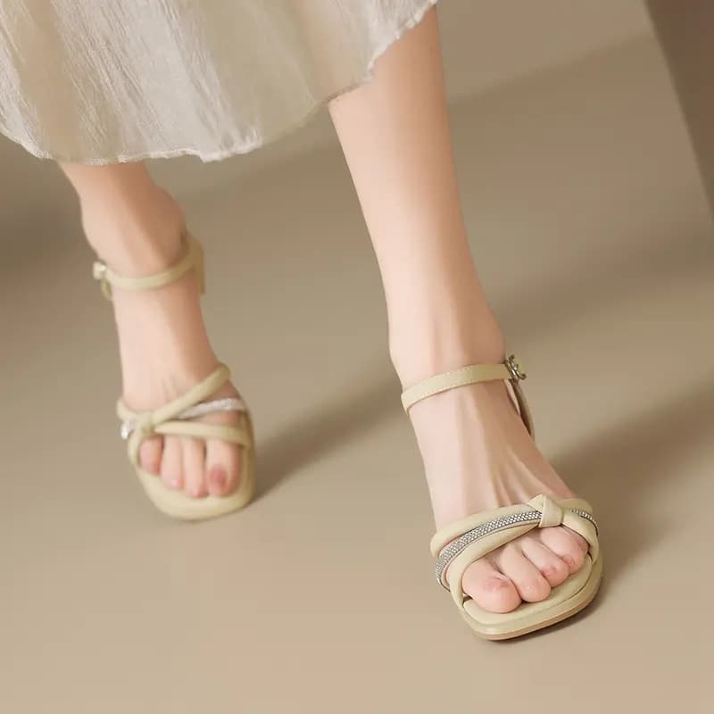 ZHR Exquisite Rhinestone Cross-Strap Chunky Heel Versatile Slip-Resistant Fashion Urban Commute Comfortable Non-Blisters Heightening Slimming One-Strap Sandals 5cm Women's 10