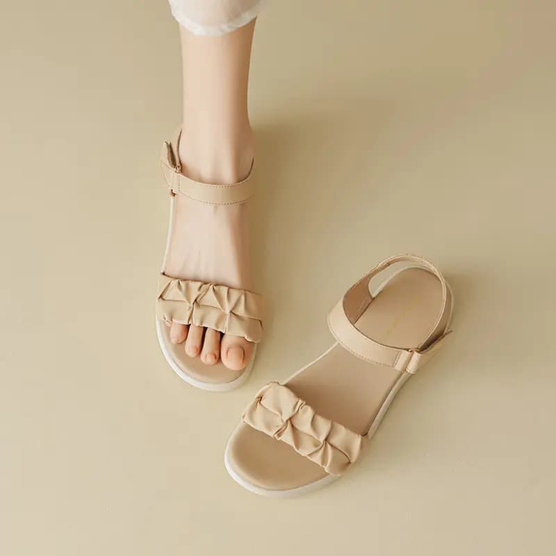 ZHRZEZE Pleated Sweet Versatile Platform Comfort Soft Simple Design Convenient Hook-and-Loop Strap Sandals 4cm Women's 4
