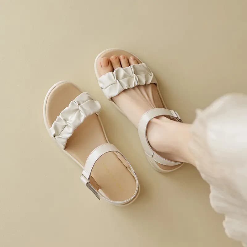 ZHRZEZE Pleated Sweet Versatile Platform Comfort Soft Simple Design Convenient Hook-and-Loop Strap Sandals 4cm Women's 10