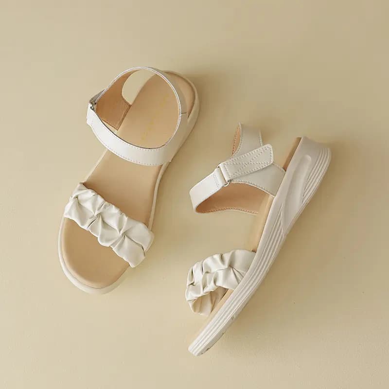 ZHRZEZE Pleated Sweet Versatile Platform Comfort Soft Simple Design Convenient Hook-and-Loop Strap Sandals 4cm Women's 15