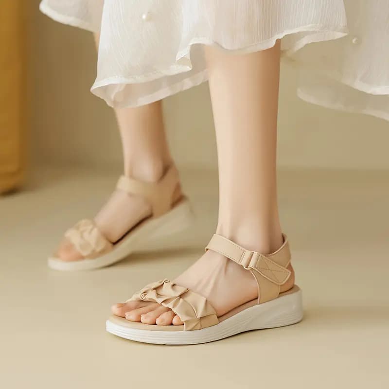 ZHRZEZE Pleated Sweet Versatile Platform Comfort Soft Simple Design Convenient Hook-and-Loop Strap Sandals 4cm Women's 6