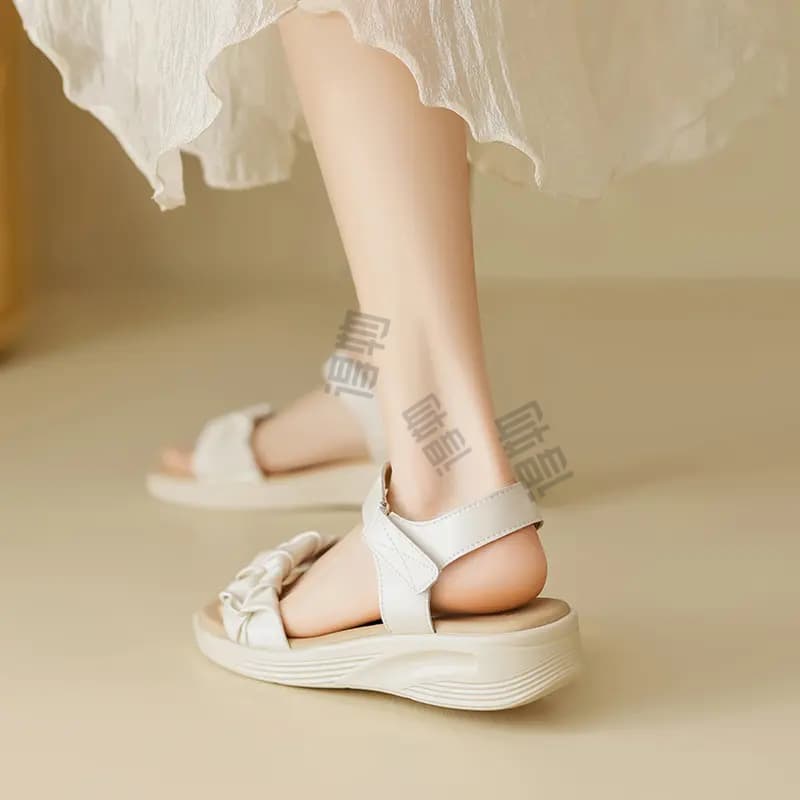 ZHRZEZE Pleated Sweet Versatile Platform Comfort Soft Simple Design Convenient Hook-and-Loop Strap Sandals 4cm Women's 12
