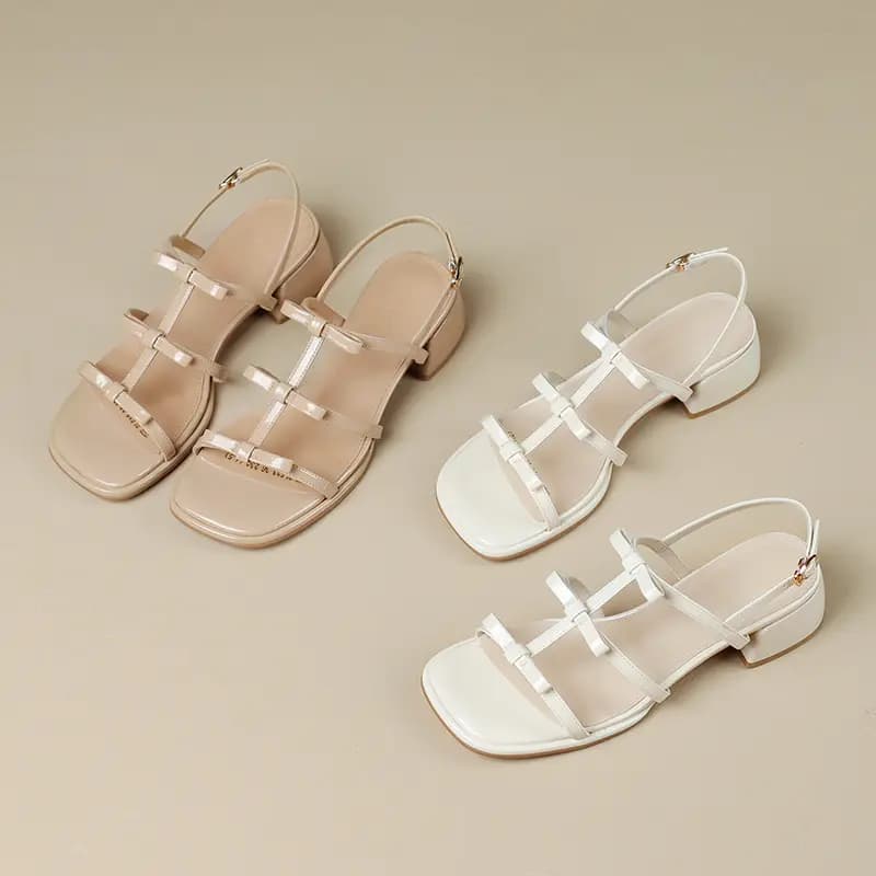ZHR Sweet Bow Patent Leather Shiny Braided Line Roman Holiday Style Beach Oil Painting Girly Fashion Versatile Lightweight Breathable Comfortable Elegant Single Strap Sandals Women's 7