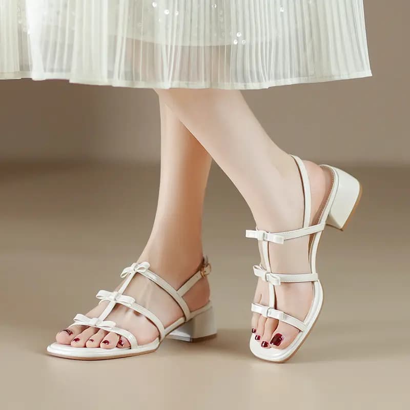 ZHR Sweet Bow Patent Leather Shiny Braided Line Roman Holiday Style Beach Oil Painting Girly Fashion Versatile Lightweight Breathable Comfortable Elegant Single Strap Sandals Women's 10