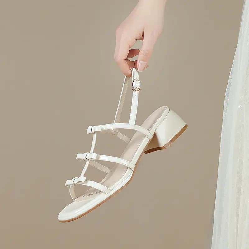 ZHR Sweet Bow Patent Leather Shiny Braided Line Roman Holiday Style Beach Oil Painting Girly Fashion Versatile Lightweight Breathable Comfortable Elegant Single Strap Sandals Women's 12
