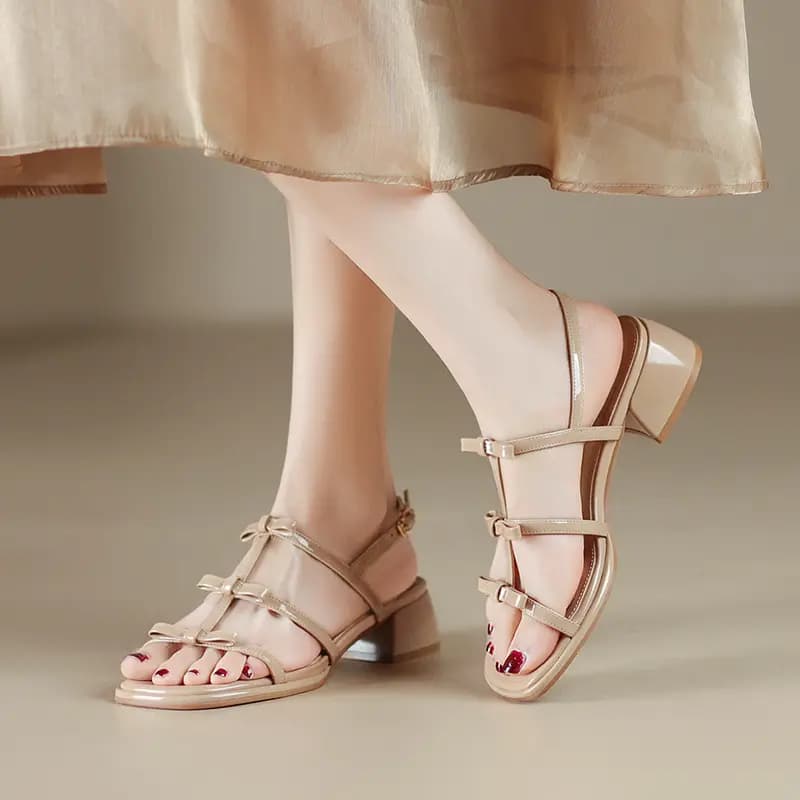 ZHR Sweet Bow Patent Leather Shiny Braided Line Roman Holiday Style Beach Oil Painting Girly Fashion Versatile Lightweight Breathable Comfortable Elegant Single Strap Sandals Women's 3