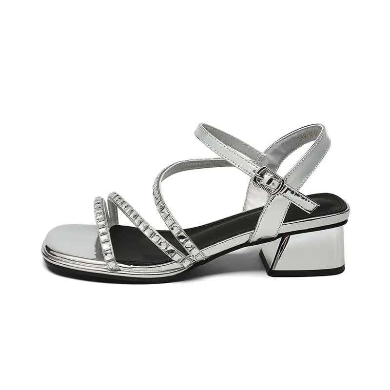 ZHR Glossy Patent Leather Tech Punk Style Luxury Rhinestone Chain Strap Jersey Retro Design Elegant Fashion Banquet Commuter Lightweight Comfortable Strap Sandals 4cm Women's
