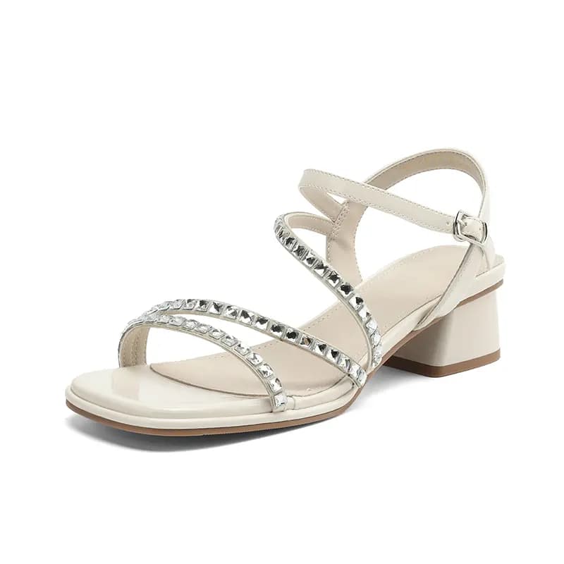 ZHR Glossy Patent Leather Tech Punk Style Luxury Rhinestone Chain Strap Jersey Retro Design Elegant Fashion Banquet Commuter Lightweight Comfortable Strap Sandals 4cm Women's 9