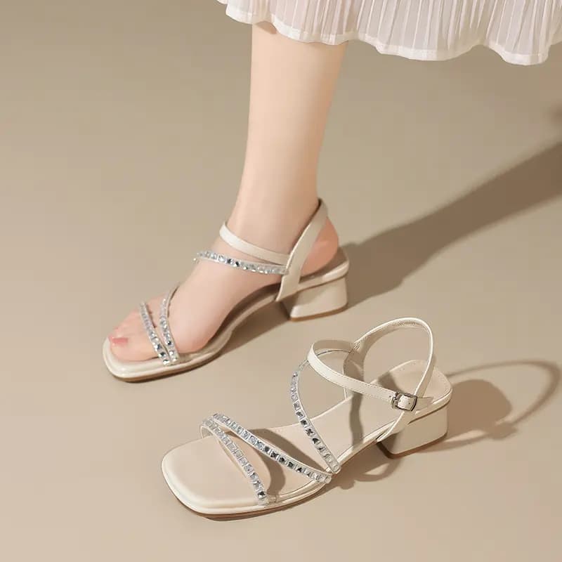ZHR Glossy Patent Leather Tech Punk Style Luxury Rhinestone Chain Strap Jersey Retro Design Elegant Fashion Banquet Commuter Lightweight Comfortable Strap Sandals 4cm Women's 14