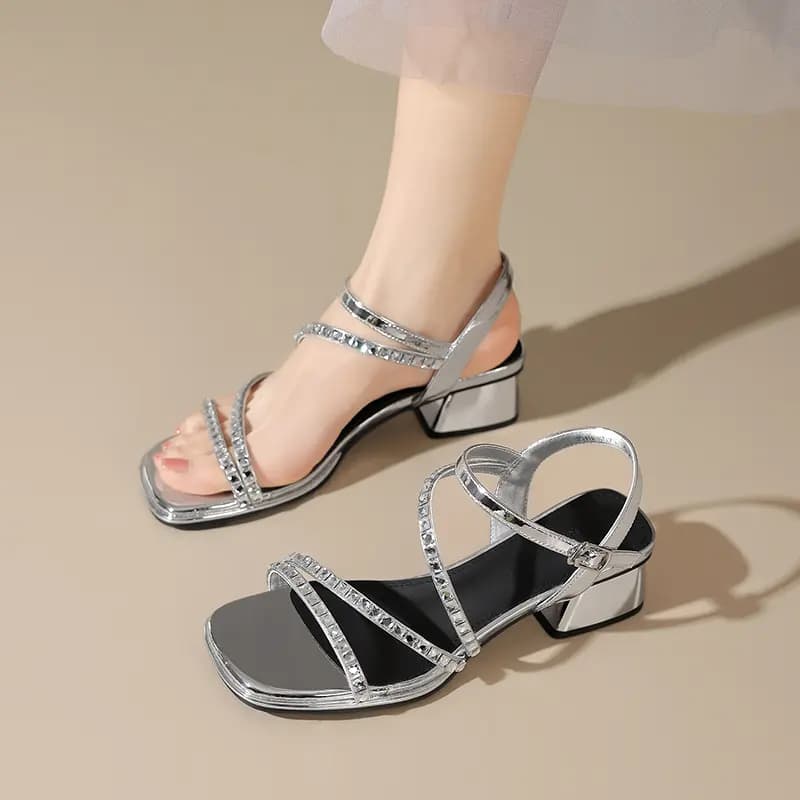 ZHR Glossy Patent Leather Tech Punk Style Luxury Rhinestone Chain Strap Jersey Retro Design Elegant Fashion Banquet Commuter Lightweight Comfortable Strap Sandals 4cm Women's 6