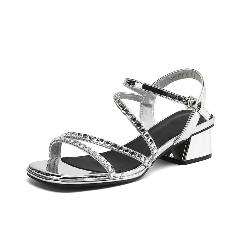 ZHR Glossy Patent Leather Tech Punk Style Luxury Rhinestone Chain Strap Jersey Retro Design Elegant Fashion Banquet Commuter Lightweight Comfortable Strap Sandals 4cm Women's 2
