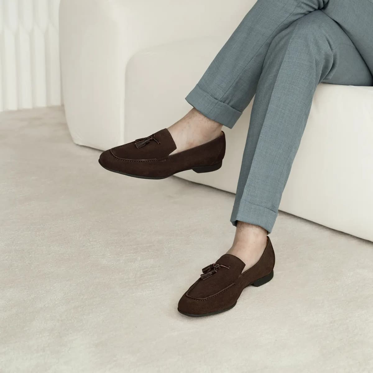 THOM WILLS British Vintage Velvet Tassel Loafers Casual Shoes Men's Dark Coffee 14