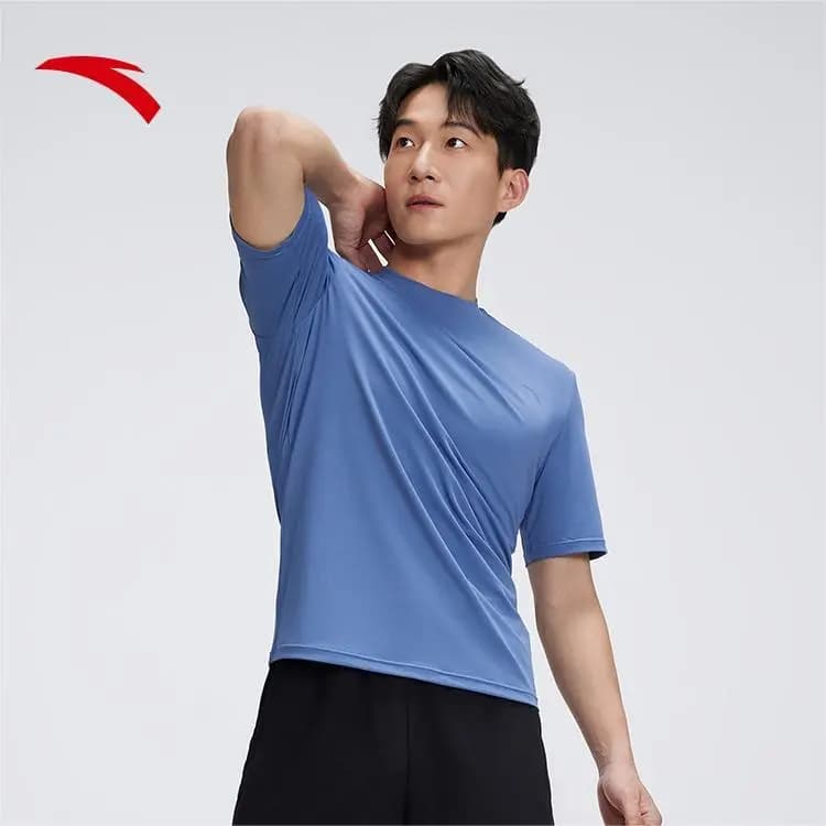 Anta Round Neck Solid Color Comfort Breathable Short Sleeve Men's Swimwear Men's Blue 3
