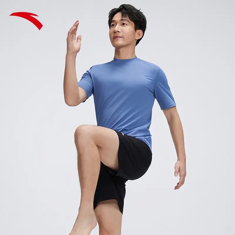 Anta Round Neck Solid Color Comfort Breathable Short Sleeve Men's Swimwear Men's Blue 4