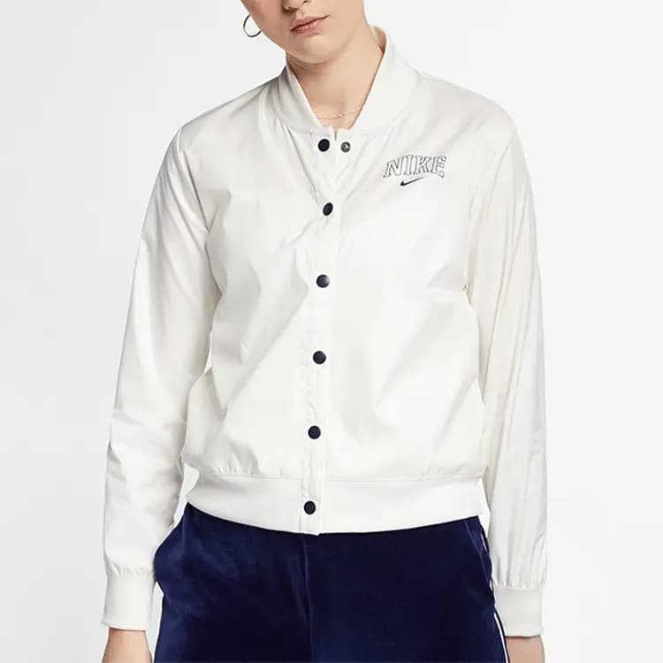 Nike Logo Print Solid Color Sports Baseball Jacket Women's White 2