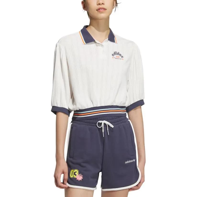adidas originals RETRO CAMP GRAPHIC Knit Sport Fashion Versatile Short Sleeve Polo Shirt Women's White 2
