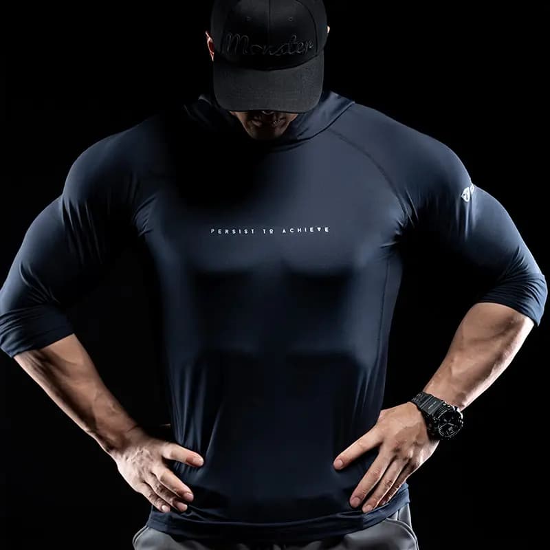 Monster Guardians Ultimate Tech Series Men's Breathable Hooded Long Sleeve Workout Top Navy Blue 7