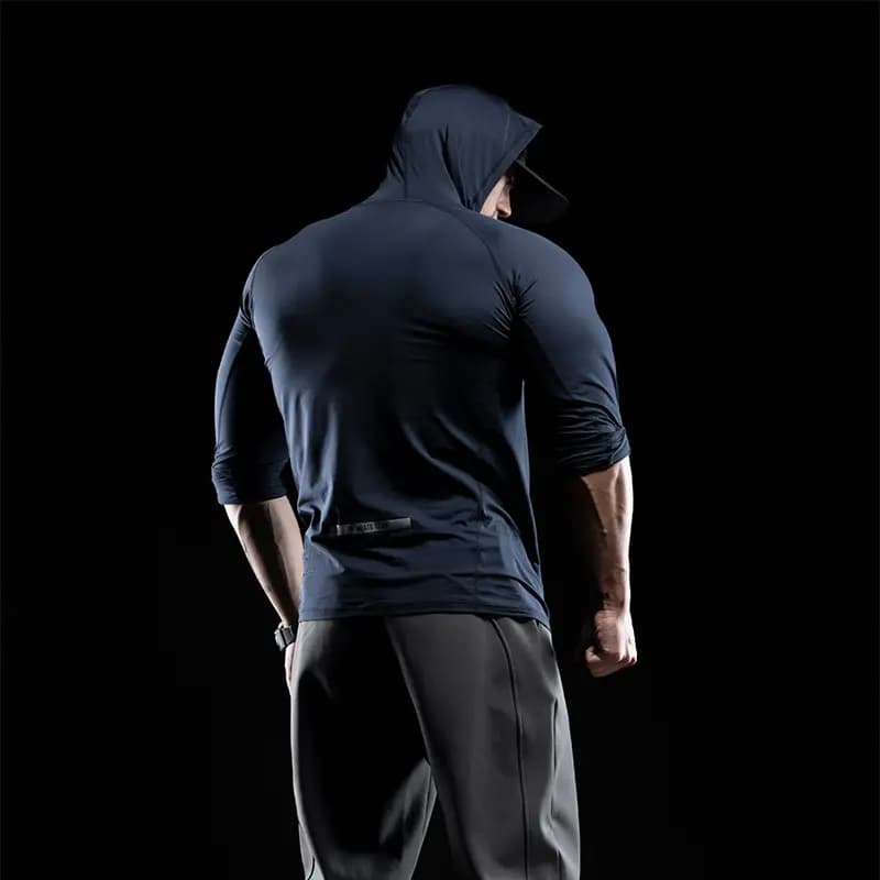 Monster Guardians Ultimate Tech Series Men's Breathable Hooded Long Sleeve Workout Top Navy Blue 5