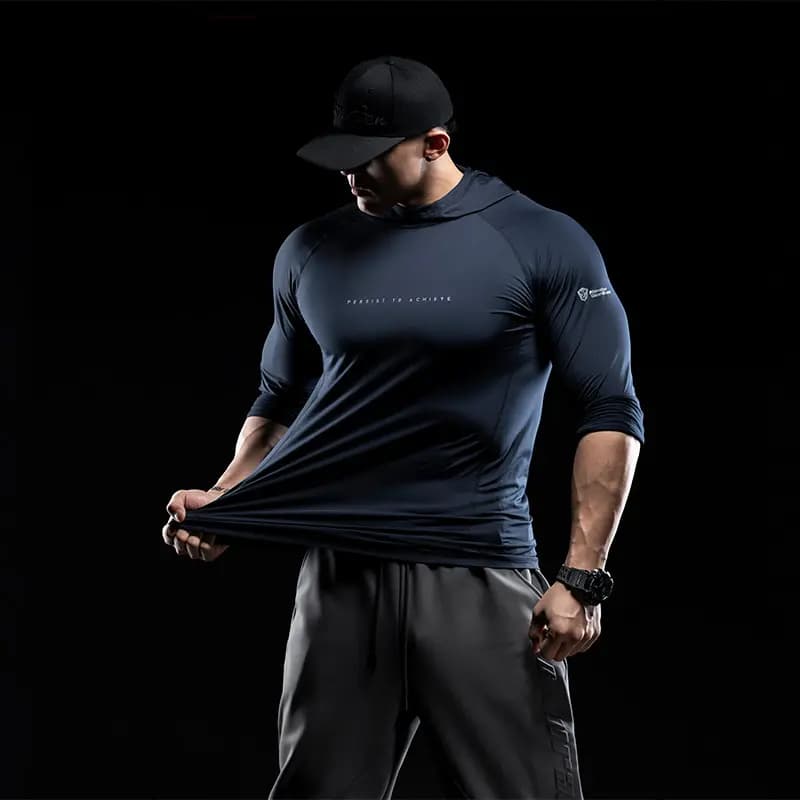 Monster Guardians Ultimate Tech Series Men's Breathable Hooded Long Sleeve Workout Top Navy Blue 6
