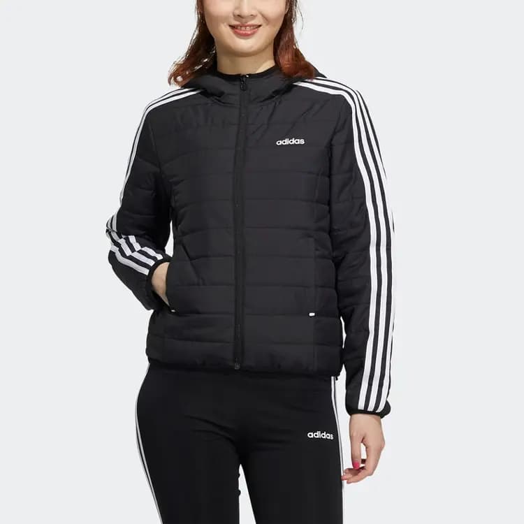adidas neo Logo Print Loose Striped Letter Hooded Cotton Jacket Women's Black 2