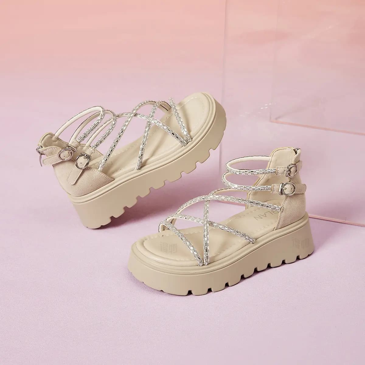 EBLAN Double Buckle Sweet Versatile Simple Fashion Trendy Casual Classic Wear-Resistant Non-Slip Height-Increasing Comfort Lightweight Commute Outdoor Travel Roman Sandals Women's 3
